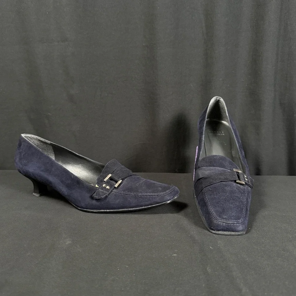 Vintage 90s Stuart Weitzman Navy Suede Square Toe Kitten Heel Loafer Pumps 8.5